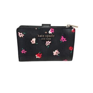 KATE SPADE Black Floral Medium Compact Bifold Wallet Pink Red Flower Saffiano
